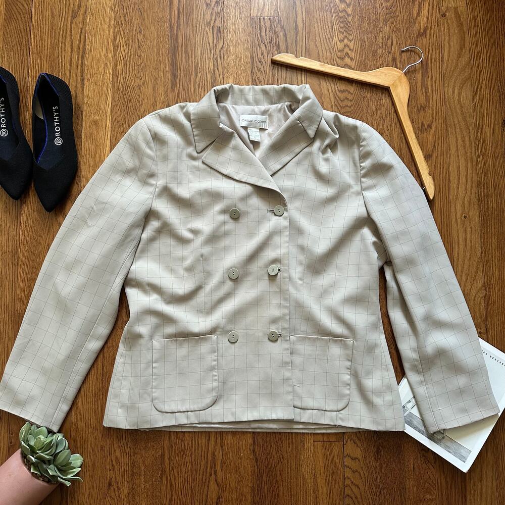 Casual Corner Beige & Grey Windowpane Check Patterned Double-Breasted Blazer